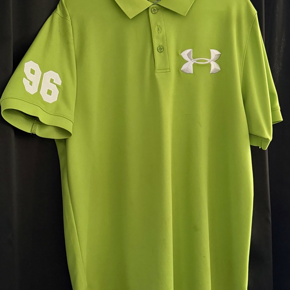 Under Armour Men’s Lime Green Polo with White Logo and Sleeve Number